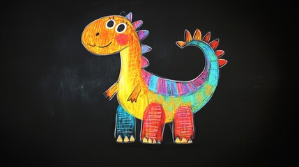 Fototapeta premium Chalk Drawing of Cute Dinosaur on Blackboard with Vivid Colors