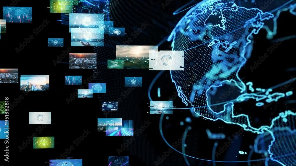 Poster Composite concept of multiple video screens and global network
