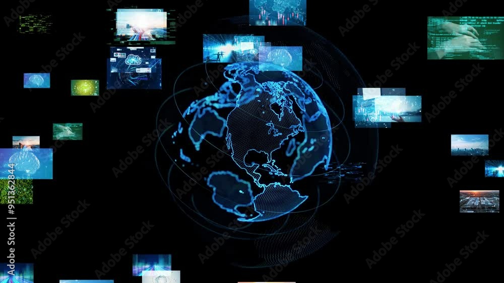 Poster Composite concept of multiple video screens and global network