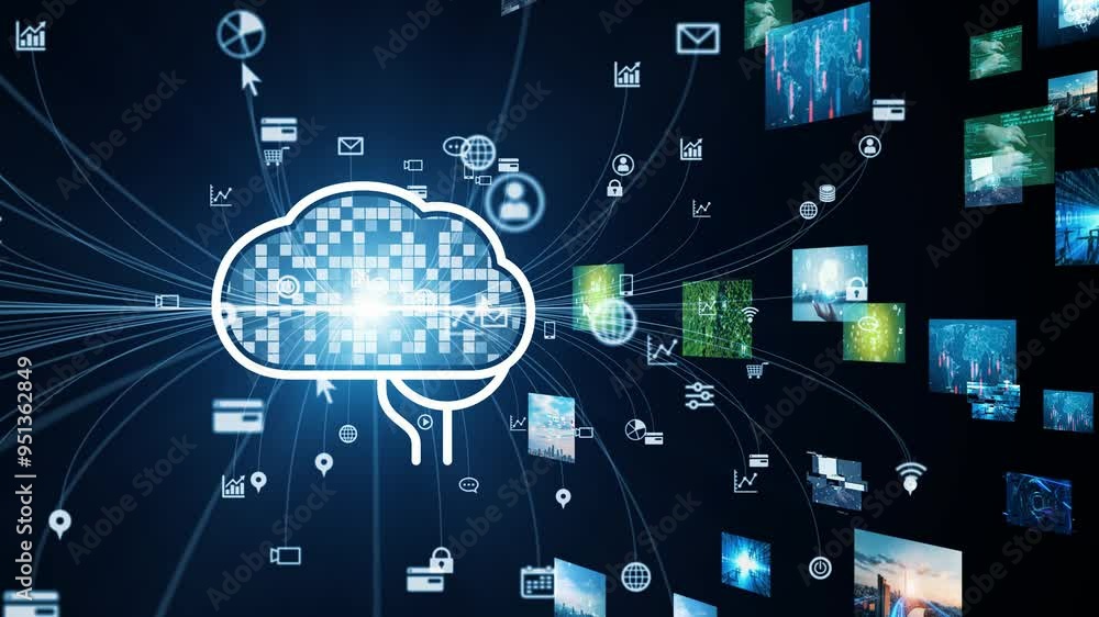Aufkleber composite concept of multiple video screens and brain,ai network