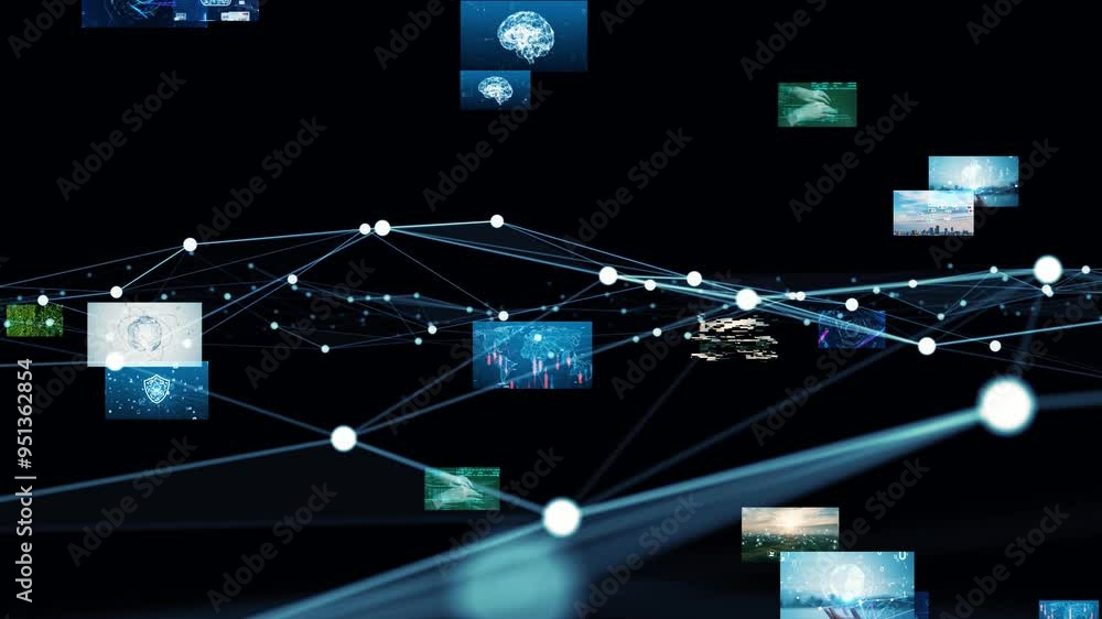 Poster composite concept of multiple video screens and communication network