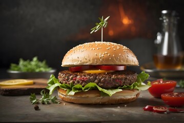 Big fresh juicy hamburger with beef, chees, onion, fresh lettuce and tomato on a wooden table