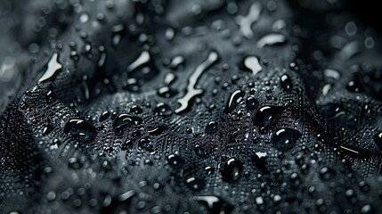 A view of a hydrophobic black cloth up close with droplets of liquid on it
