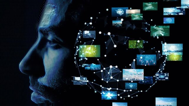 Composite concept of man profile and multiple movies