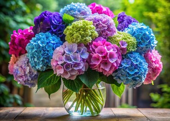 Elegantly arranged hydrangeas in a chic vase, showcasing a vibrant bouquet of varying shades, a stunning floral arrangement that exudes sophistication and refinement.