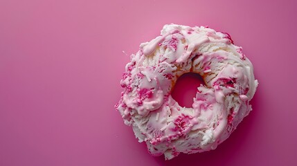 A view of ice cream in the shape of a bagel against a vivid pink