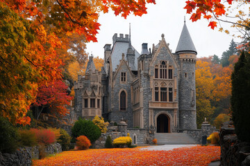Obraz premium Castle Mystique: Autumn Leaves Swirling in Seasonal Splendor