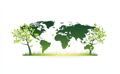 Green Earth with Trees Growing on It,  World Map with Tree Branches Forming Green Fields and Forests on White Background