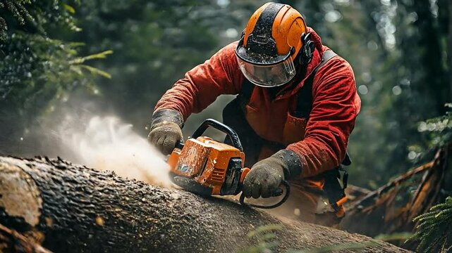 In a deep forest with trees all around, a labourer cuts down a fallen wood with a chainsaw, sending sawdust flying.