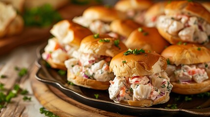 A view shows a pile of fish salad sliders on round bread