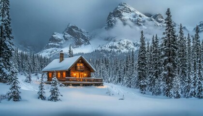 Fototapeta premium A Cozy Cabin Nestled in a Snowy Mountain Valley