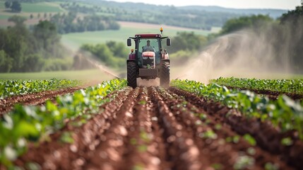 Fototapeta premium A tractor fitted with a crop sprayer traverses the field, spraying a fine mist of pesticide over the crops below