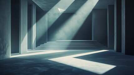 Obraz premium Light rays stream into an abstract minimalist concrete room, illuminating steps that lead to nowhere and everywhere.