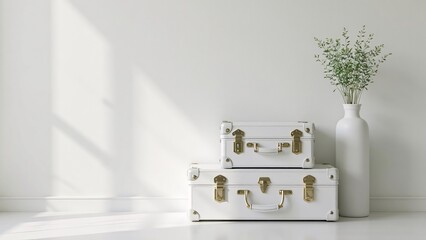 White-on-White Minimalist Suitcases with Delicate Green Plant in White Planter