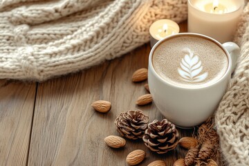 Hot coffee drink, almonds, cosy knitted sweater on wooden background with candles and pine cones, copy space.