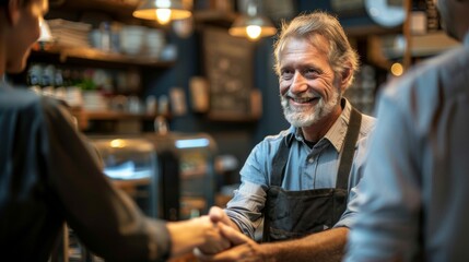 A small business owner warmly greeting customers, providing excellent and personalized service.