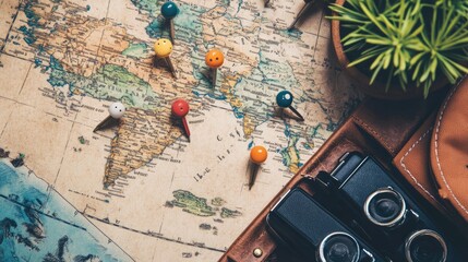 A dotted map with markers and pins indicating various locations, perfect for travel and adventure themes