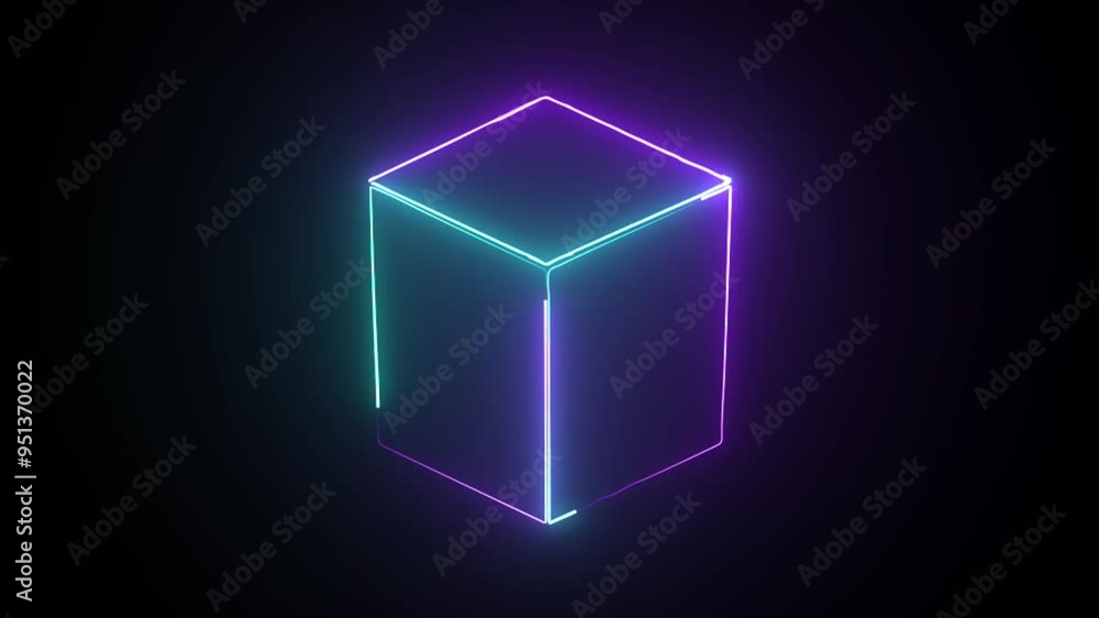 Poster neon purple and cyan glowing square frame. geometric portal with simple futuristic cross section and