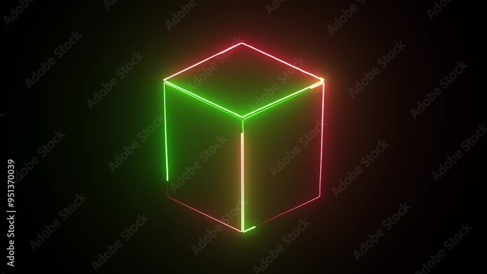 Poster neon red and green glowing square frame. geometric portal with simple futuristic cross section and b