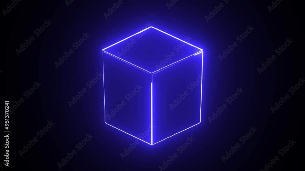 Poster neon blue glowing square frame. geometric portal with simple futuristic cross section and black back