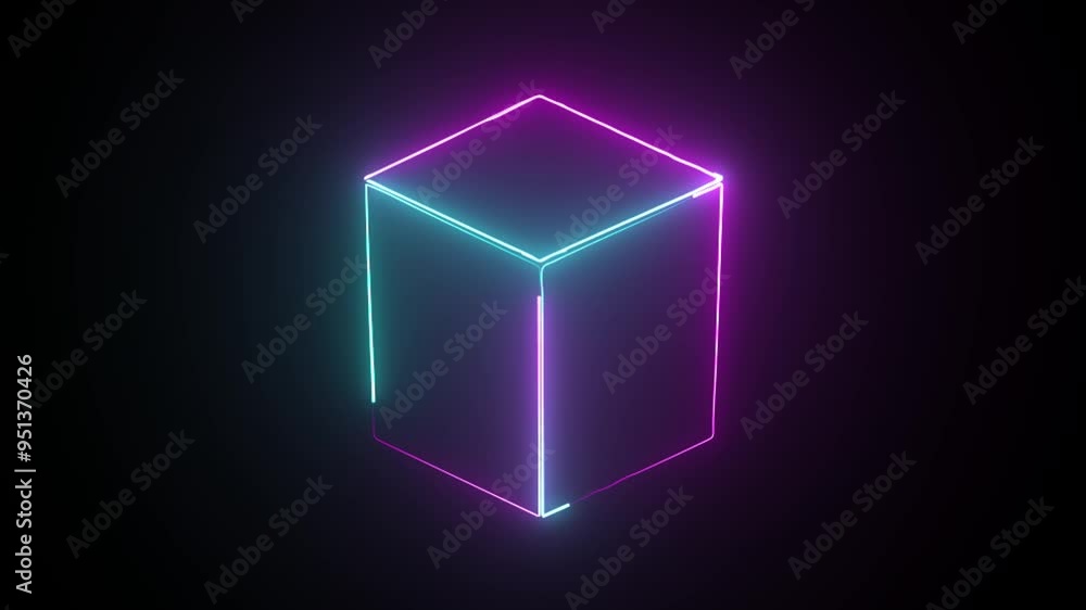Poster neon purple and cyan glowing square frame. geometric portal with simple futuristic cross section and