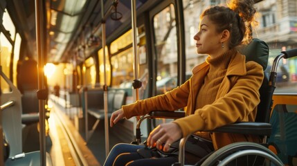 A business professional with a disability commuting to work, navigating public transportation with ease.