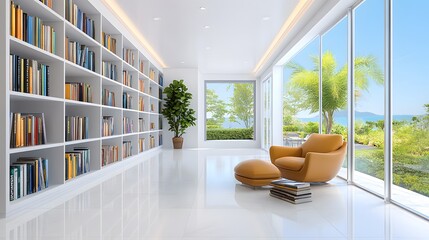Stylish home library with minimalist shelving and a clean, uncluttered design.