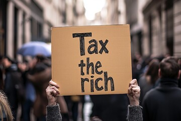 protesters in the street holding up a sign with the word " Tax The Rich" , demonstration, protest 
