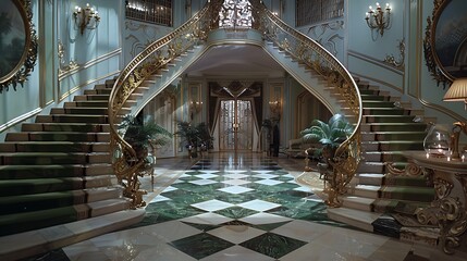 A wide staircase with elaborate metal rails and a golden and green checkerboard granite floor greets guests at the grand entryway