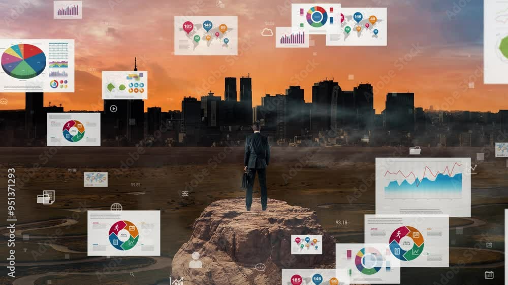 Aufkleber composite concept of modern society and global statistics data. management strategy. digital transfo