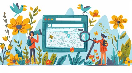 Naklejka premium Set of people with binoculars, magnifying glass on search bar with flowers. Searching, finding, web surfing, looking for opportunities concept. Hand drawn Vector illustration. Isolated design elements
