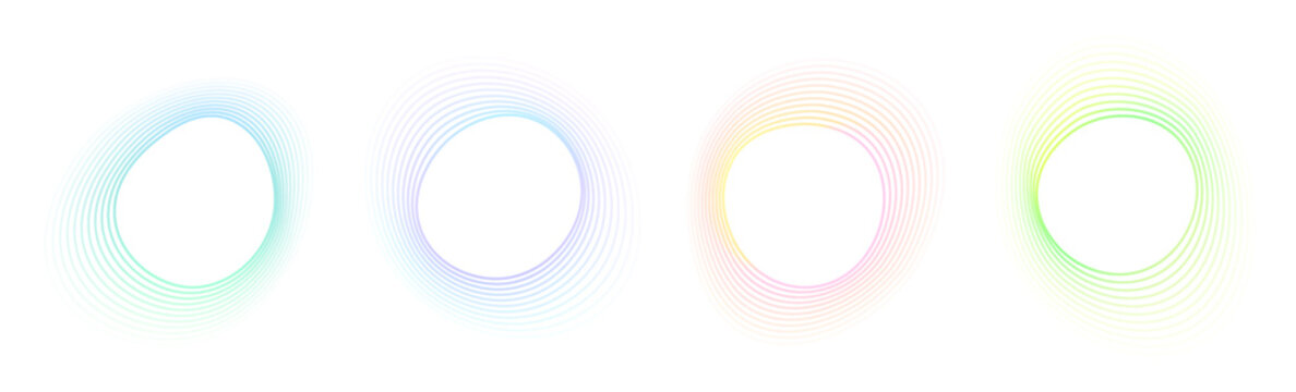 Set of abstract gradient free form isolated on white backgrounds. Collection colorful blend mesh lines with soft neon light. Holographic iridescent round circles with liquid vibrant gradient blur.