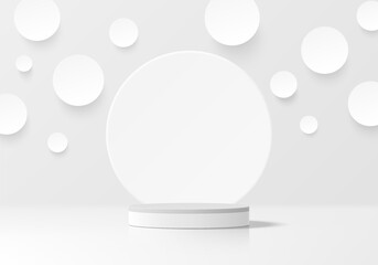 3D white round podium with white papercut circles background. Abstract composition in minimalist design. 3D studio display showroom product pedestal, Fashion stage showcase mockup scene. Vector EPS10.