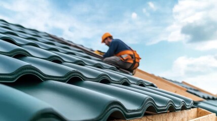 Builders laying roofing tiles on a new house, clean and simple, soft industrial palette
