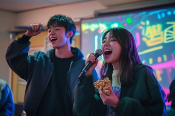 A group of male and female Japanese teens singing karaoke in the karaoke room