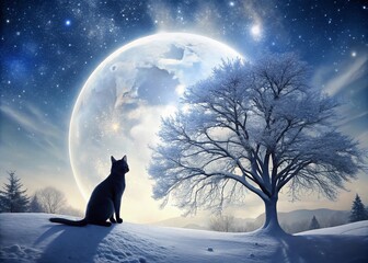 Mystical winter cat silhouette against radiant moonlit white scenery with frosty trees