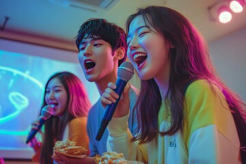 A group of male and female Japanese teens singing karaoke in the karaoke room