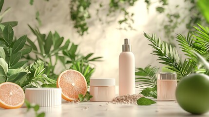 Natural skincare products, paired with citrus and green leaves, rest on a crisp white background.