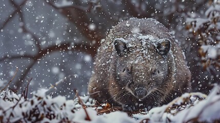 A wombat in the amidst a snowstorm