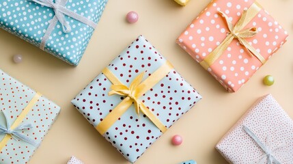 Obraz premium A flat lay of dotted gift tags and wrapping paper, perfect for holiday and birthday celebrations