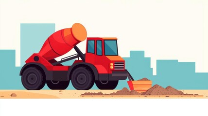 Naklejka premium Concrete mixer pouring foundation for a new building, flat color vector, neutral tones