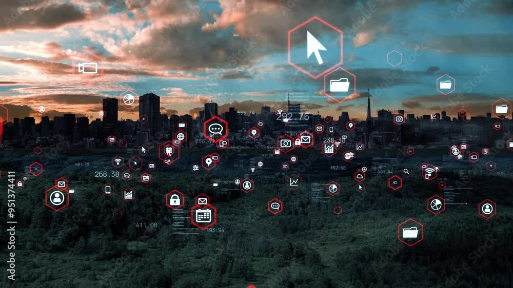 Poster Composite concept of modern society and communication network. Digital transformation. System engineering.
