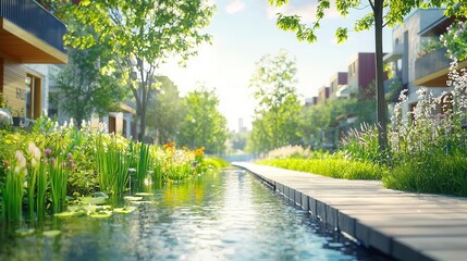 Bioswale managing urban stormwater runoff  in a bright, vibrant urban setting with clear focus on the bioswale