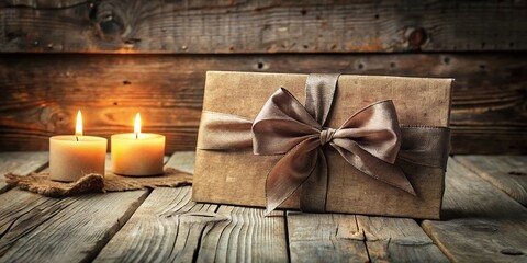 Vintage distressed wood and worn linen tablecloth set the tone for a weathered gift card adorned with a faded satin bow and warm candlelight