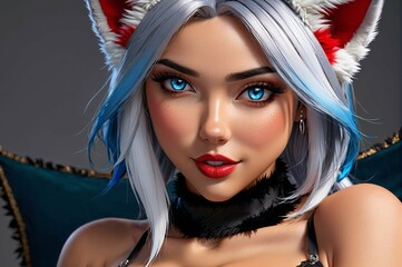 A cartoonish woman with blue hair and a white hooded sweatshirt