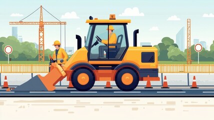 Construction crew working on a highway expansion project, flat vector style, urban colors