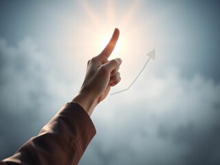 Hand drawing upward arrow on foggy glass