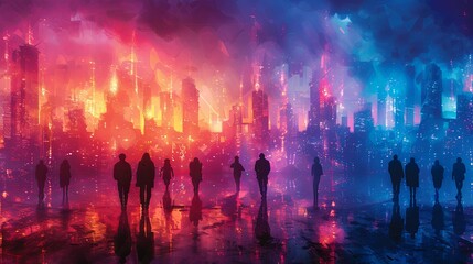  Silhouettes of people in futuristic cityscape digital urban environment vibrant colors skyscrapers neon lights modern city background