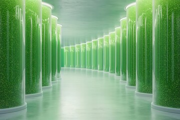 Naklejka premium Sustainable biofuel production from algae with a vibrant, bright shot showing the green algae in a controlled environment