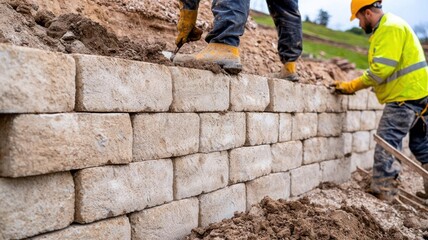 Construction workers building a retaining wall on a hillside, clean and simple design, earthy colors